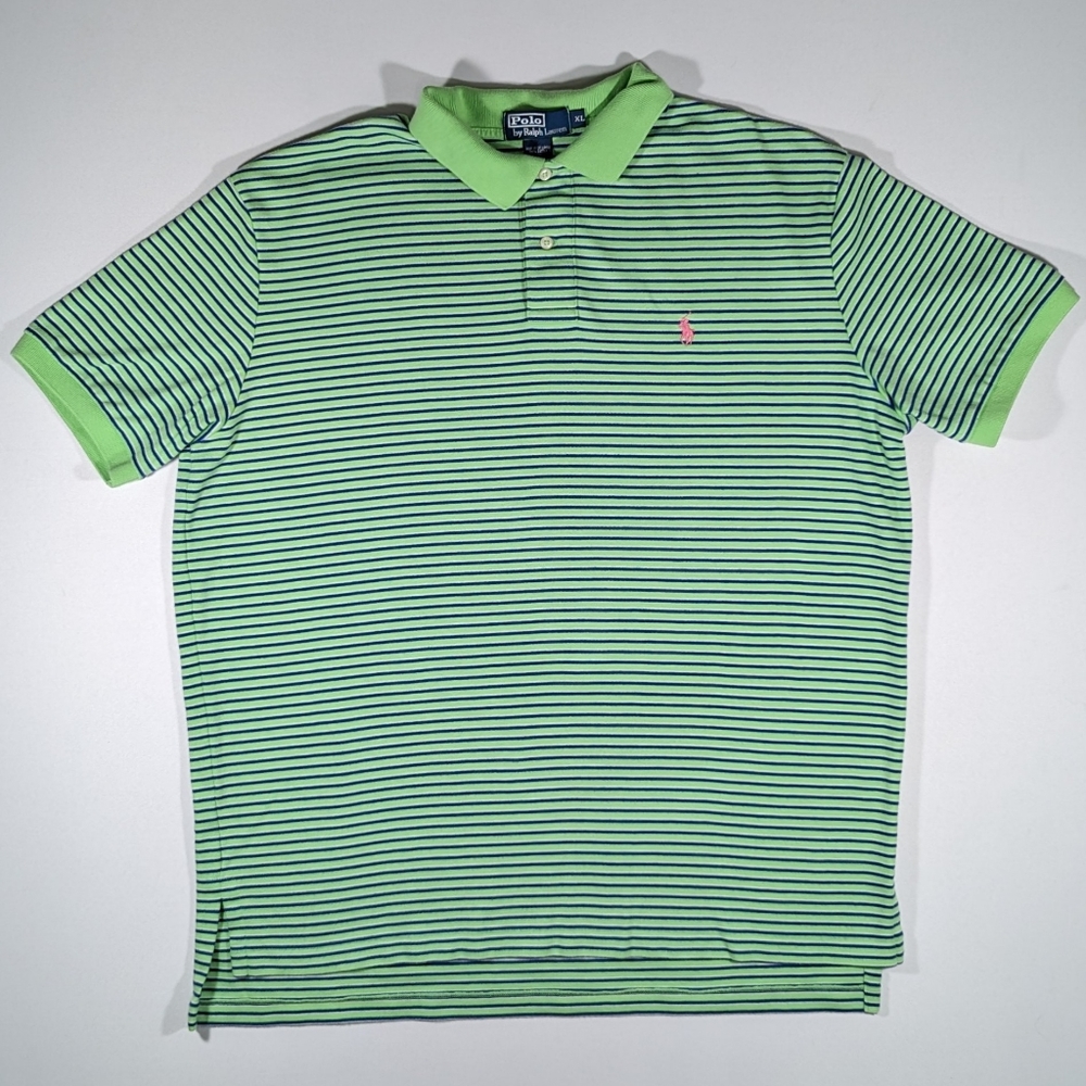 Vtg 90s Ralph Lauren Polo Shirt XL Green Blue Stripe Pink Pony Short Sleeve